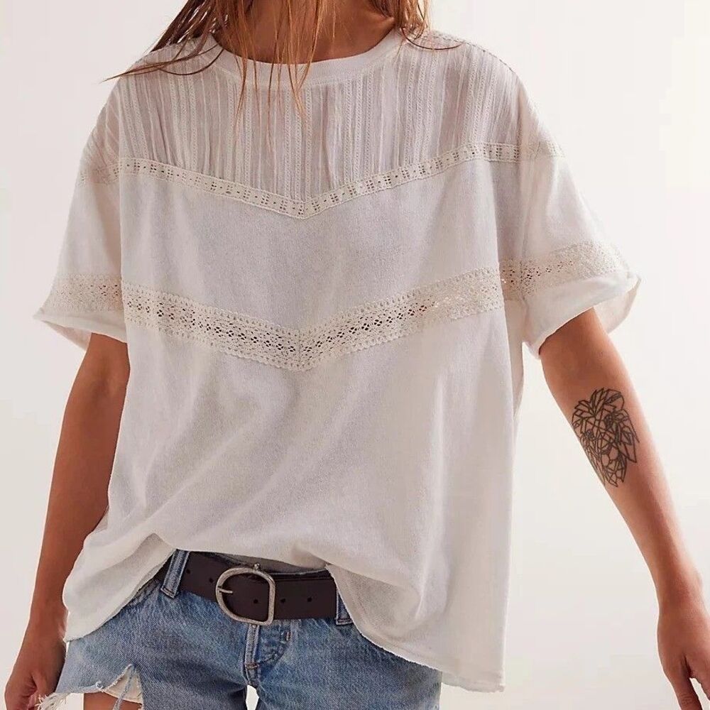 Free People Cream Crochet Trim Short Sleeve Top